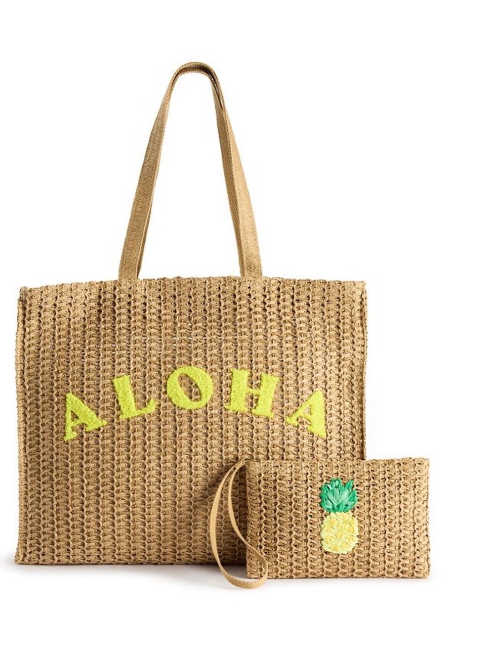 NWT Sonoma Goods For Life Maya Straw Verbiage Tote & Wristlet Set Aloha